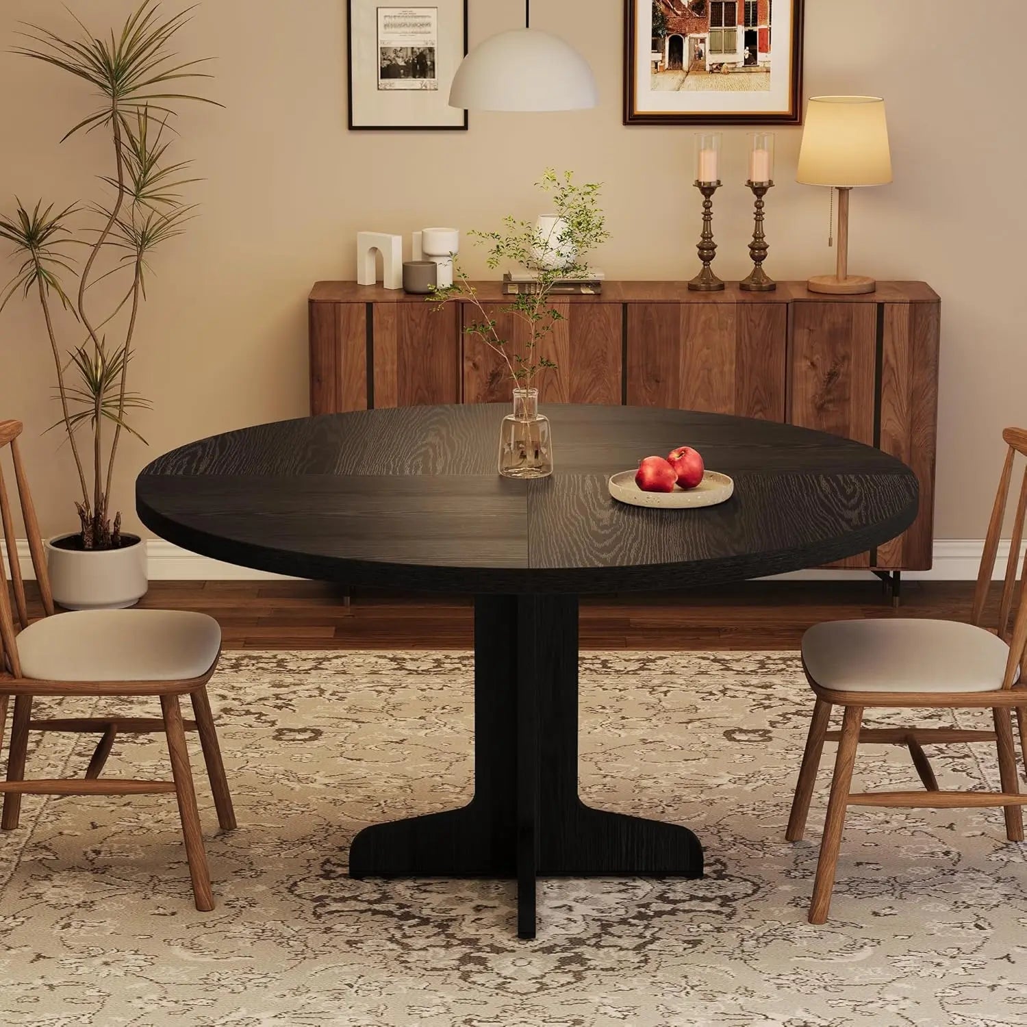 Round dining table for 4 47 inch farmhouse kitchen with wood tabletop and stable base home - black / united states