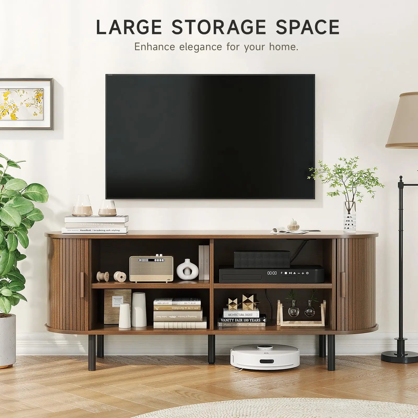 Tv stand living room furniture with power outlet for tvs up to 60/70’’,tv table sliding doors storage adjustable shelves
