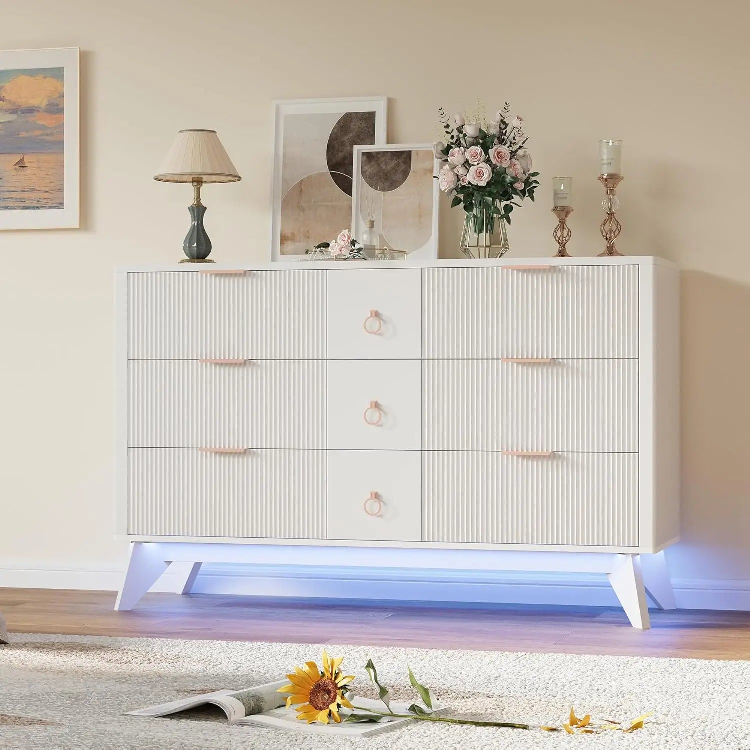 Likimio dresser for bedroom 9 drawers with led light 55’’ wide fluted chest of wood closet organizer hallway - white