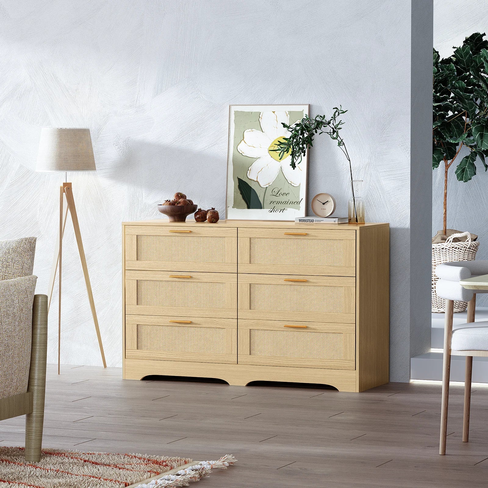 Redlife 47.24’’ rattan dresser with 6 drawers,modern chest wood storage closet w/ golden handles for bedroom living