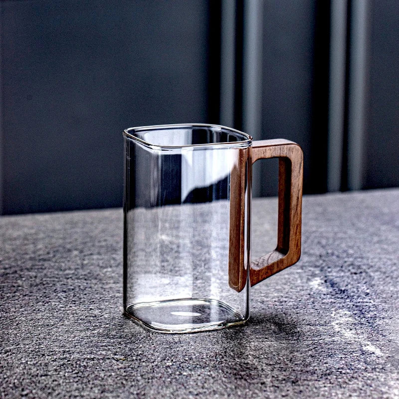 250ml square high borosilicate glass coffee mug with wooden handle heat-resistant tea breakfast milk caffe americano
