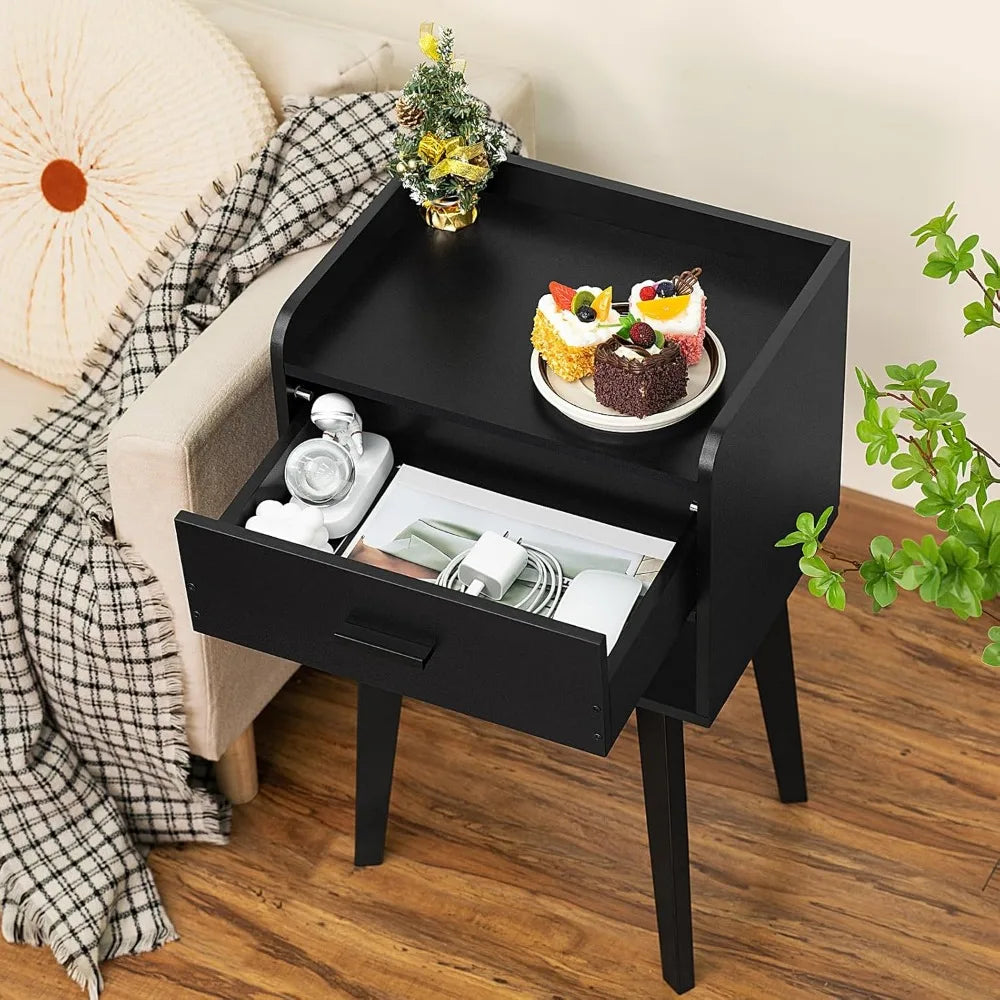 Lerliuo black nightstand set of 2 modern bed side table with drawer wood end for small space night stand bedroom/li