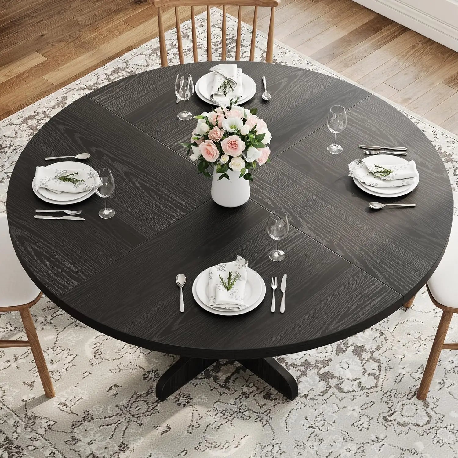 Round dining table for 4 47 inch farmhouse kitchen with wood tabletop and stable base home - black / united states