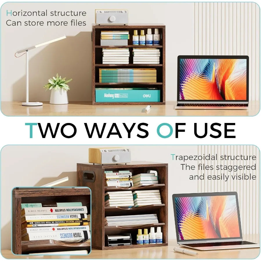 Vintage wood file organizer desktop-14.5 document letter mail tray sorter with 3 adjustable shelves wooden desk