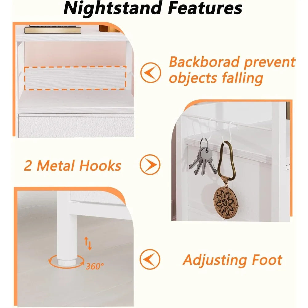 Nightstands set 2 end table with fabric drawers bedside hooks open wood shelf side sofa for bedroom
