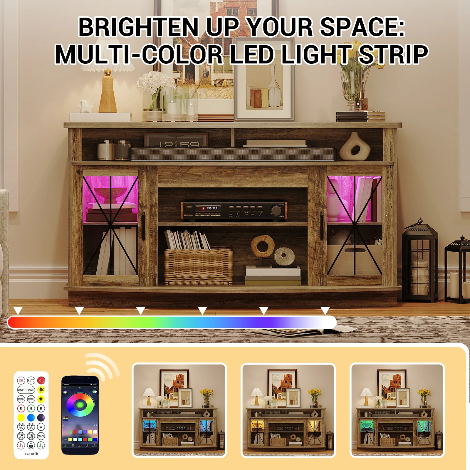 Tv stand for living room farmhouse tvs up to 70’’ 32’’ tall entertainment center with storage cabinets open shelves