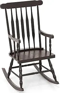 Outdoor wood rocking chair - patio with solid rubber frame slat back outside & indoor rocker for garden p - dark coffee