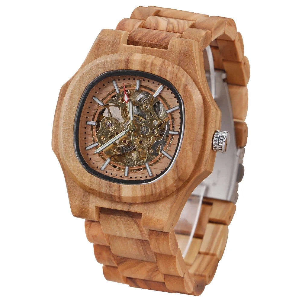 Luxury brown wood skeleton automatic watch classic steampunk-inspired design ideal holiday gift for men - wood watch