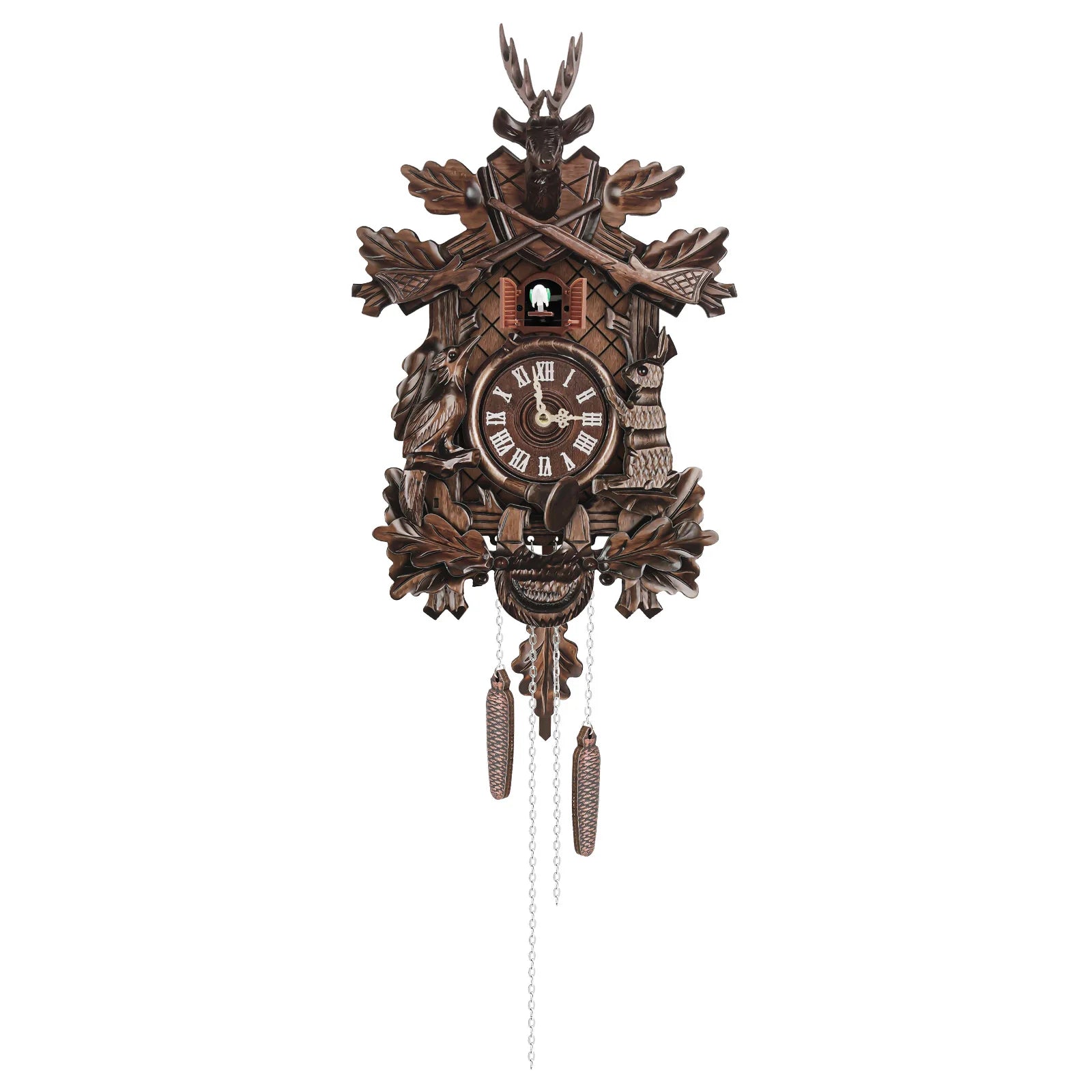 Wooden forest cuckoo clock wall mount retro house style with hourly chime sound night silencer - brown / united states