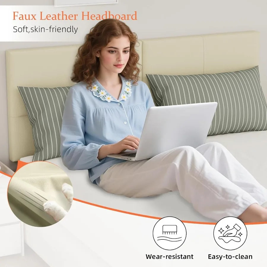 Upholstered headboard king size solid wood head board with sturdy metal legs leather bed height adjustable beige