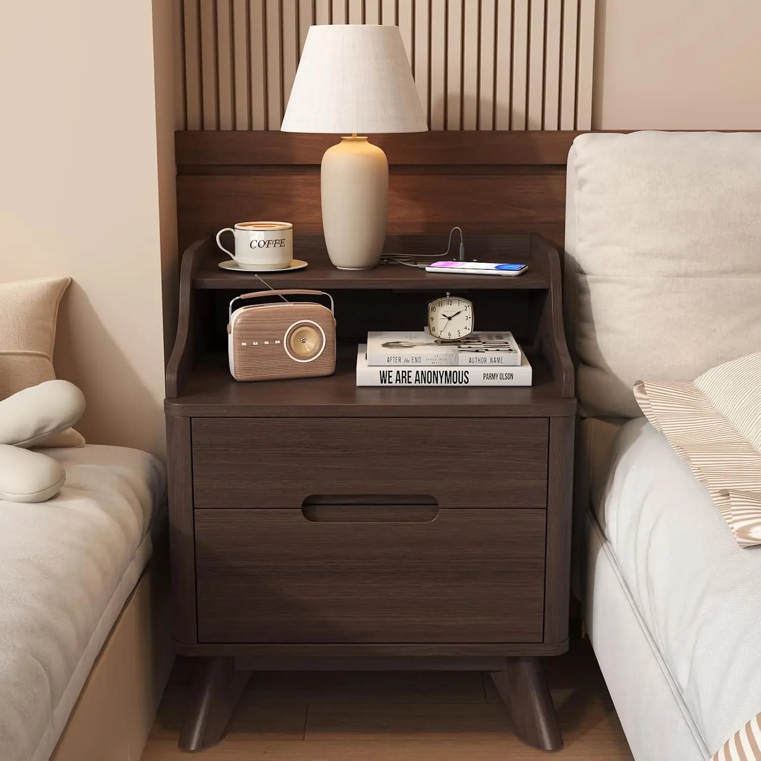 Nightstand with charging station 21’’ tall w/2 storage drawers wood night stand hidden handle 17’’ wide modern - brown