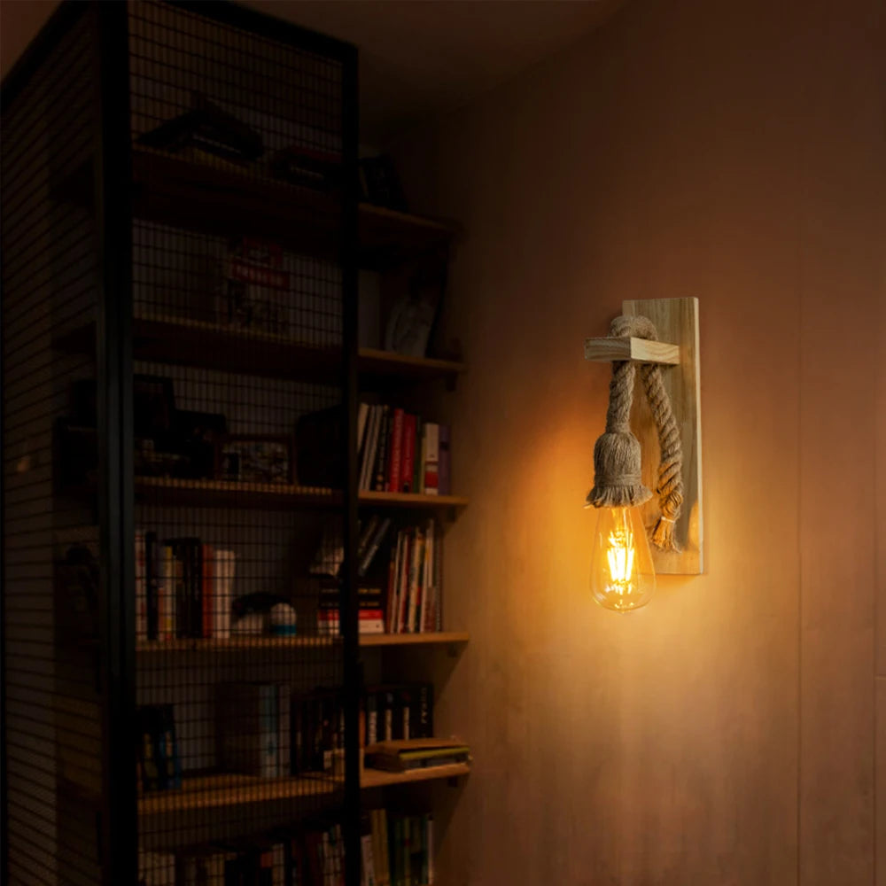 Retor hemp rope wood wall sconce lamps 110v 220v modern bedside light fixtures indoor bathroom room for home decor