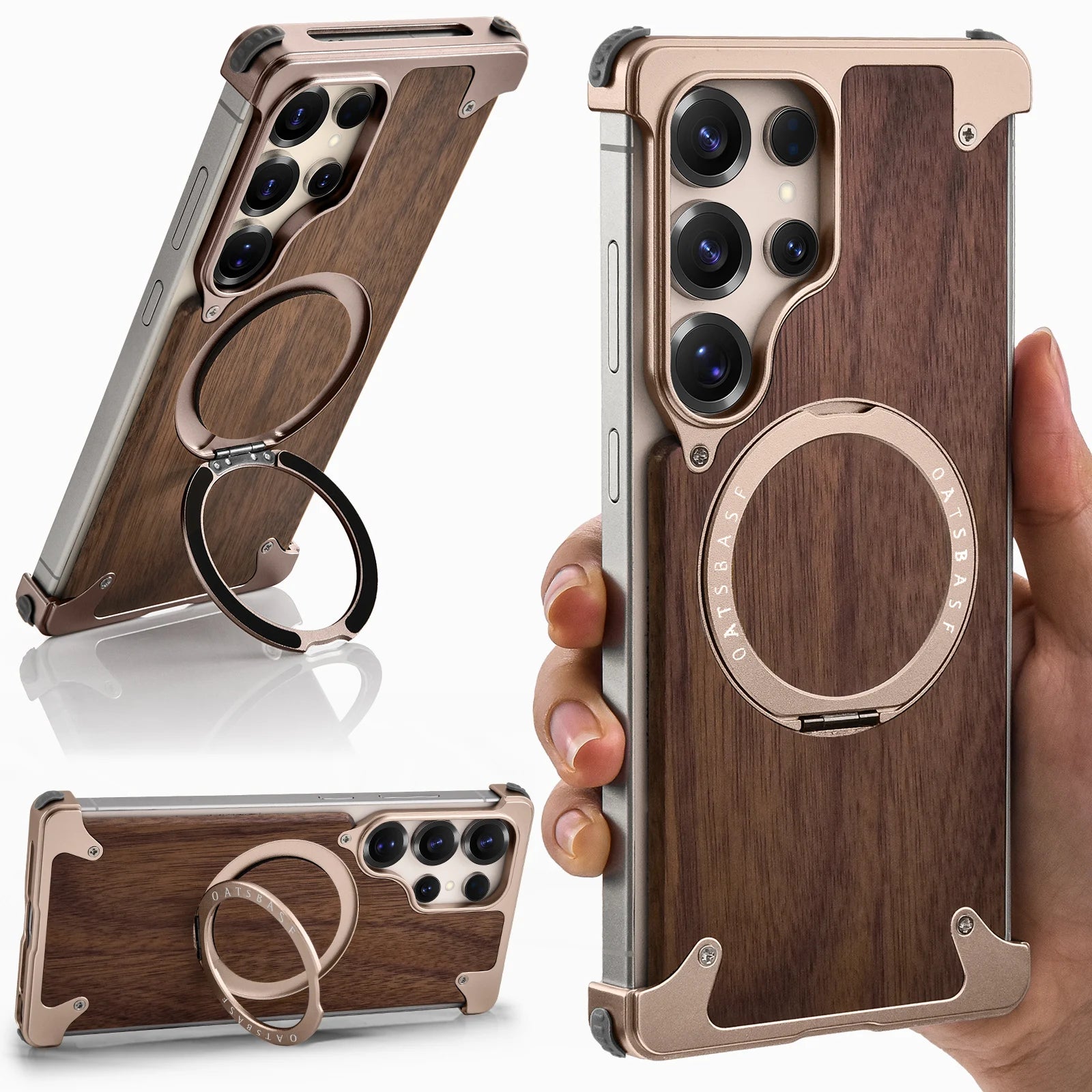 Oatsbasf wood phone case for samsung galaxy s25 s24 ultra with 360° rotatable stand wireless charging wooden protective
