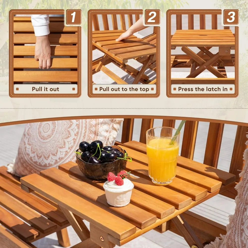 2-person wooden outdoor garden bench patio loveseat with pull-out center table for backyard balcony furniture - log