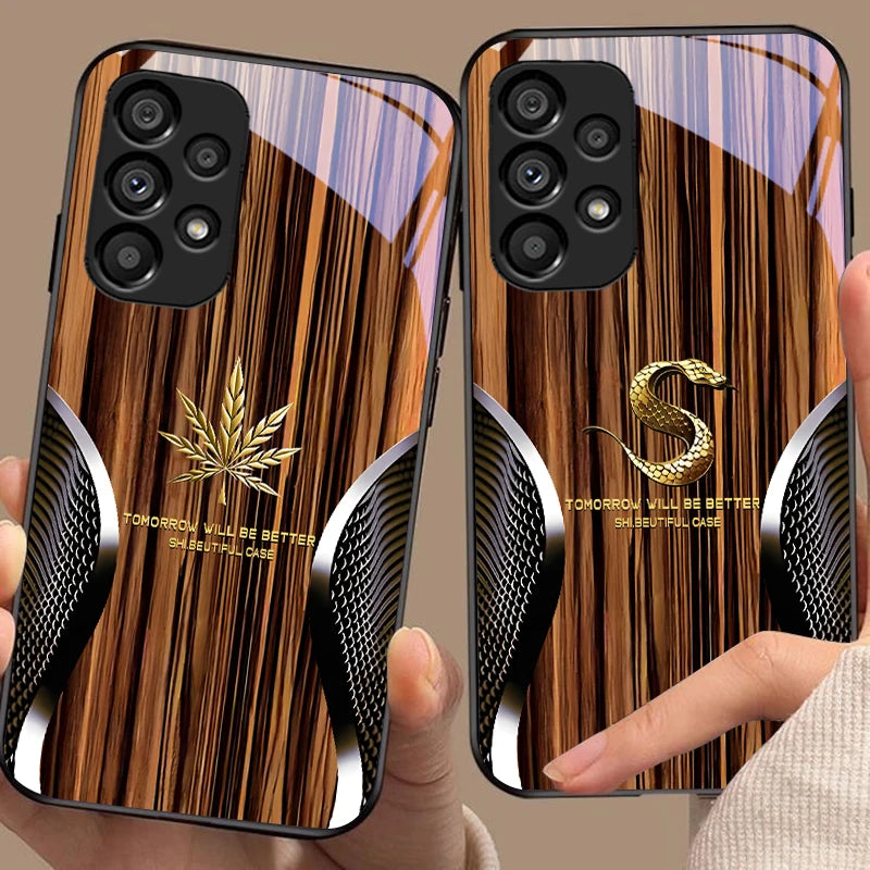 Wood grain snake for samsung galaxy s10 s20 plus s21 fe s22 s23 s24 s25 ultra black tempered glass phone case hard shell