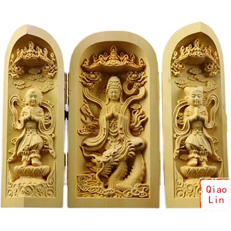 Solid wood carving three open buddha statue collapsible sculpture living room and bedroom decoration modern art