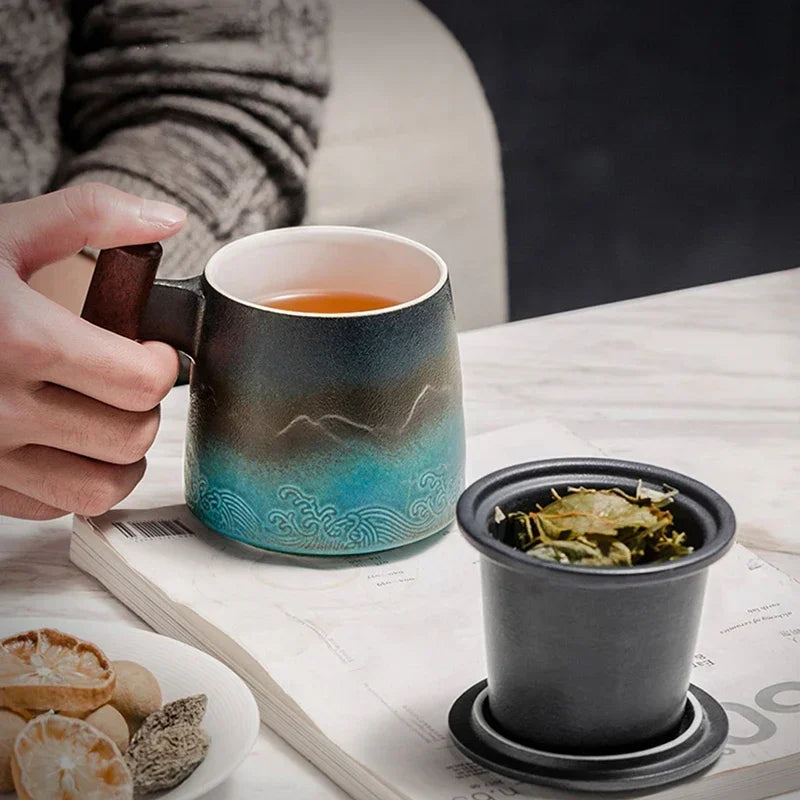 Creative tea cups and mugs ceramic mug thermal coffee cup vintage beer water infuser lid wooden handle personalized