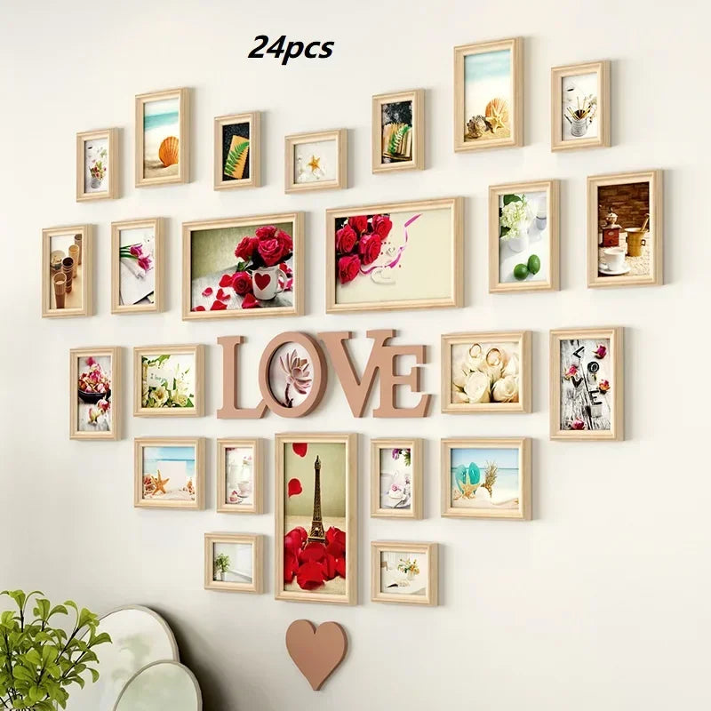 Solid wood heart-shaped photo wall decor frame creative love album background set stylish art unique picture display