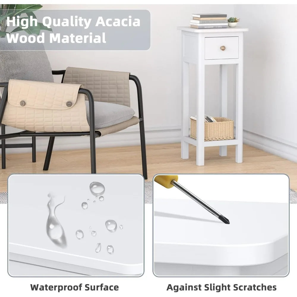 ’slim drawer and shelf side table acacia wood nightstand living room end two-level bedside stand for compact spaces’