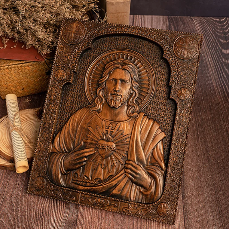 Handmade wooden sacred heart statue - religious wall art plaque catholic christian home decor church altar wood carving