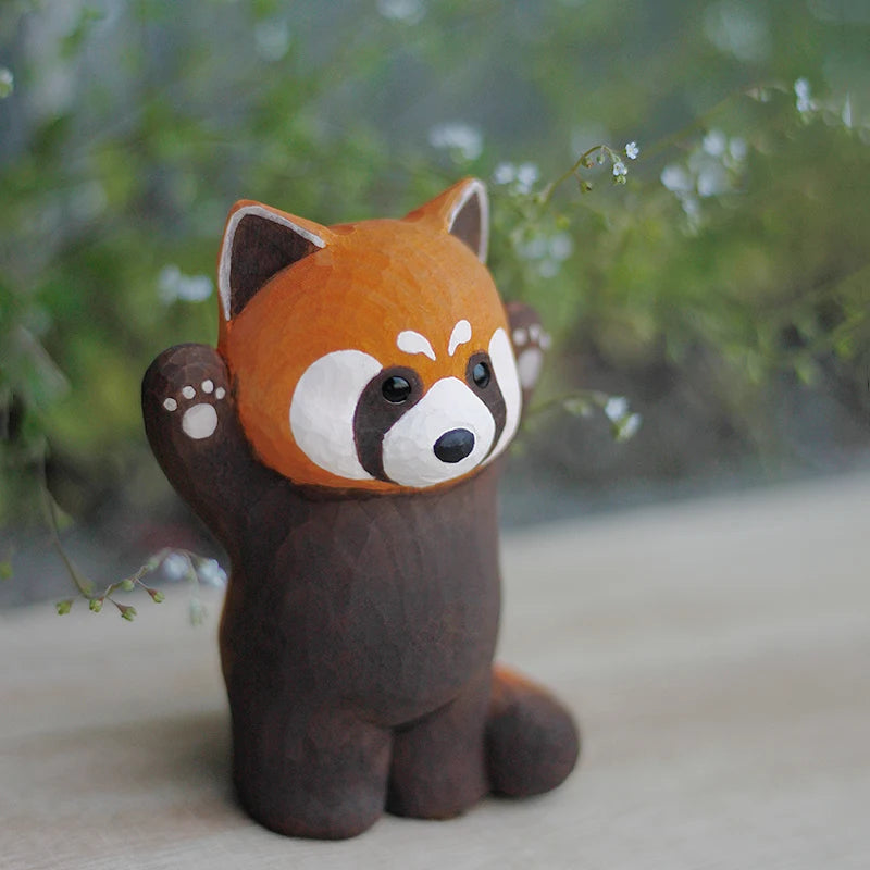 Cute home decor red panda handmade wood carving ornaments solid animal sculpture desk accessories kawaii figurine