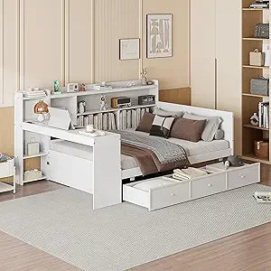 Harper & bright designs full size daybed with bookcase headboard and trundle wooden platform bed frame storage shelves