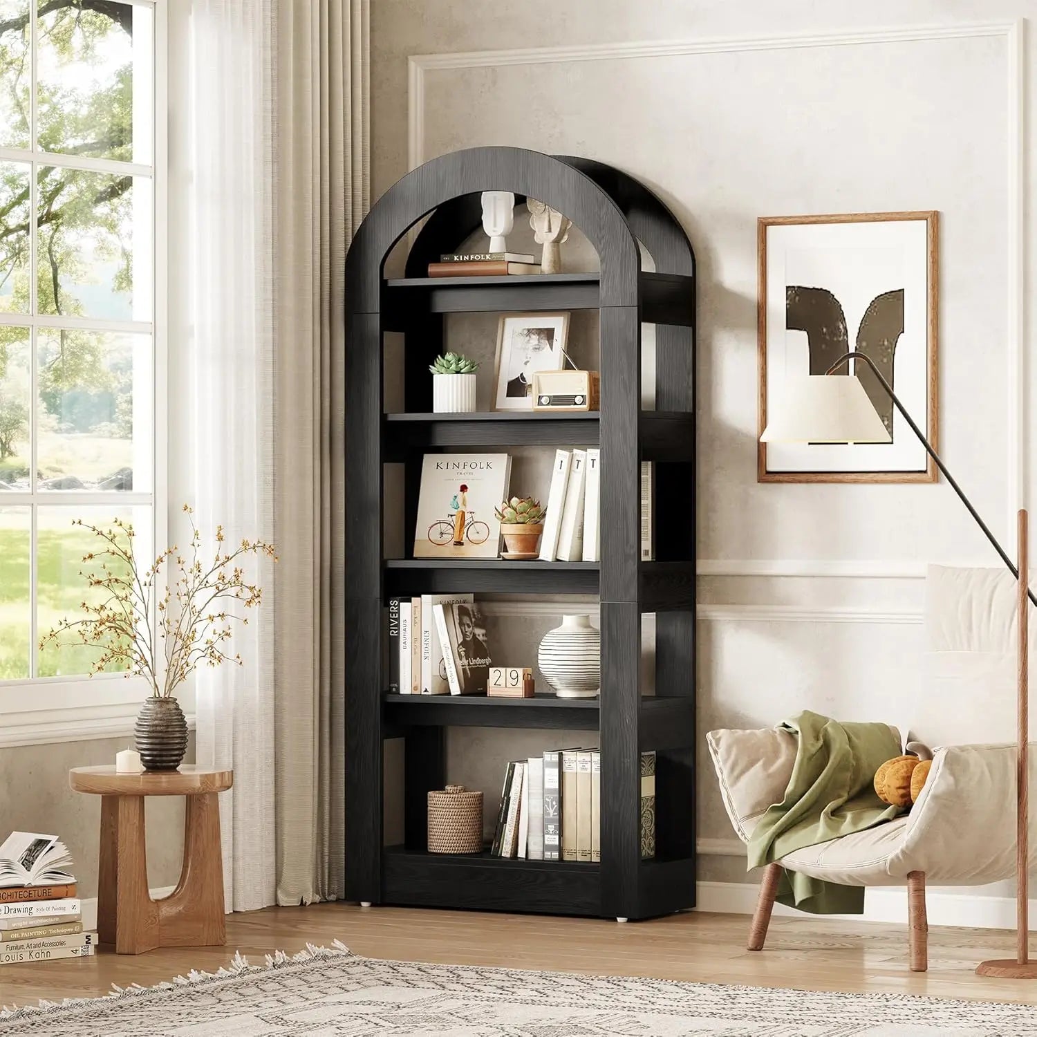 Little tree 5-tier bookshelf arch-shaped racks tall standing wooden bookcase display shelf modern storage solution