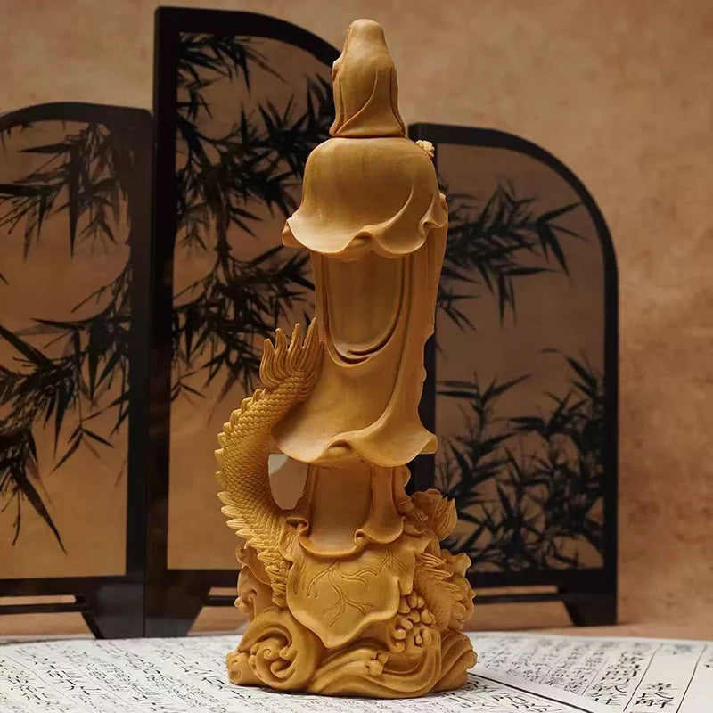 Natural wood dragon guanyin buddha statue traditional hand-carved chinese buddhist figures home living room feng shui