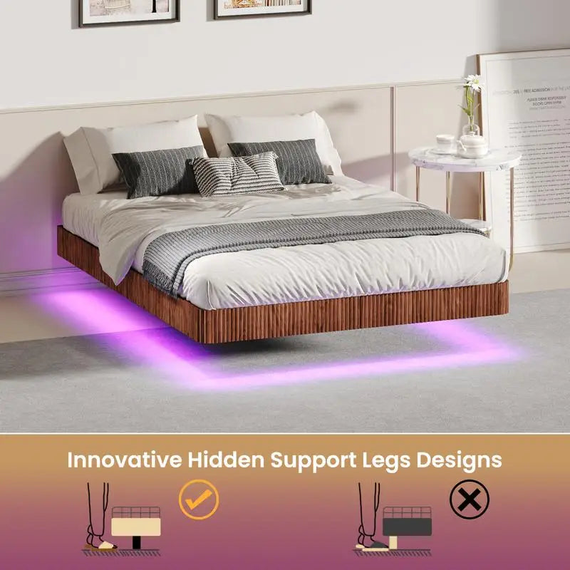Walnut floating bed frame with led lights wave curve wood texture heavy duty metal slats no box spring required stylish