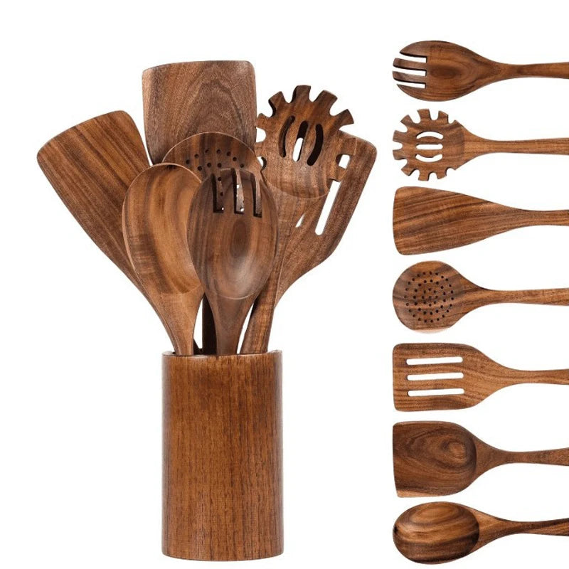 Natural teak wood kitchen utensil set wooden cooking tools with holder ideal for healthy non - stick cookware - 8pcs