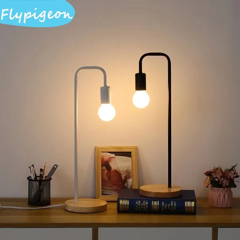 Nordic e27 led wooden desk lamps vintage black white iron table lights rod countryside style bedside reading lighting