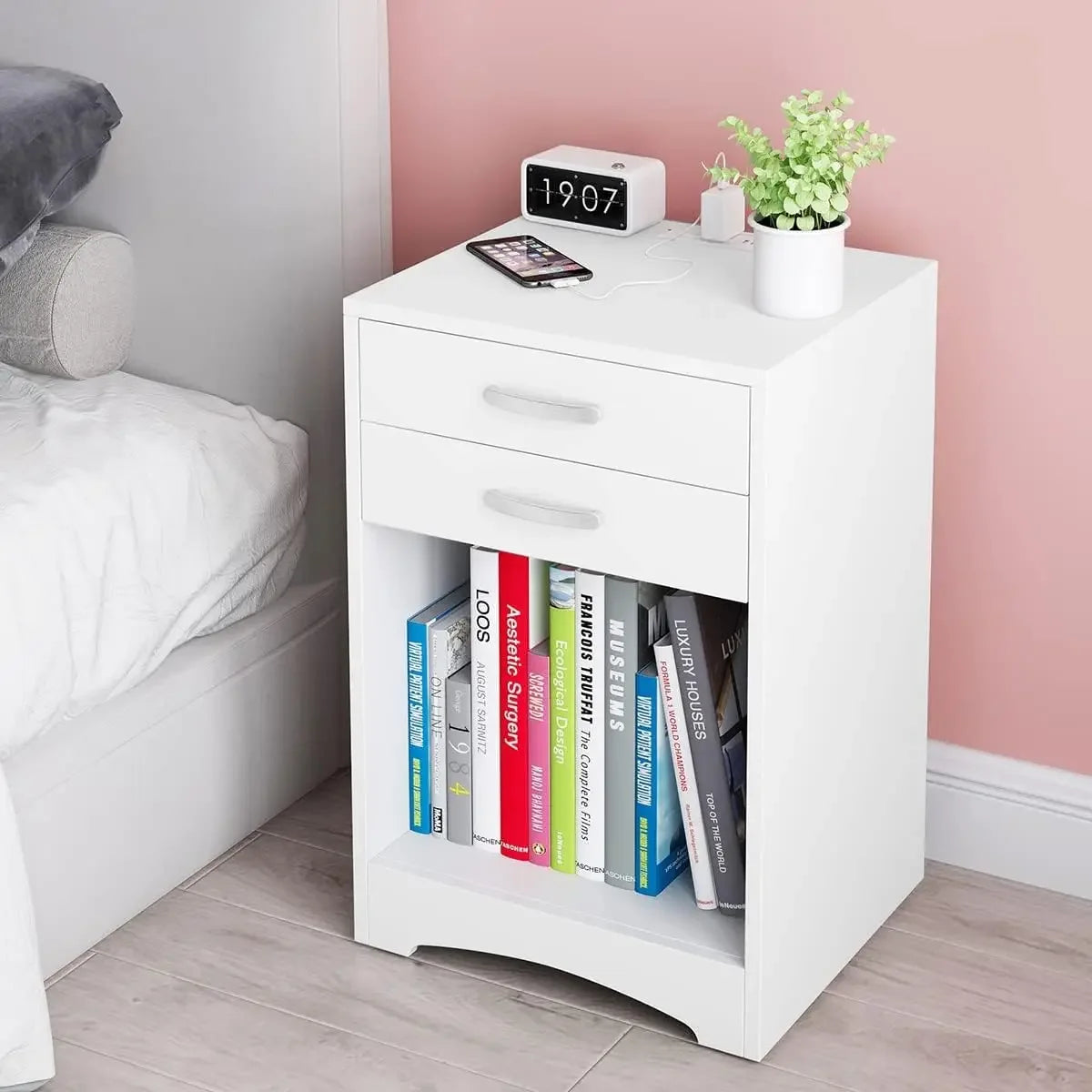 White nightstand with charging station 2 drawer bedroom wood sofa side table end usb ports and storage for small kids