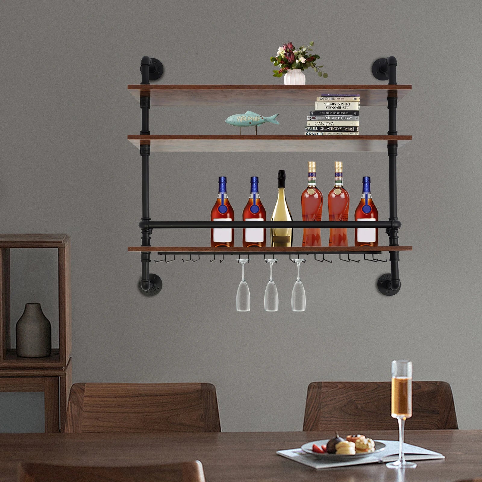 Industrial 3-tier wall mounted wine rack with glass holders guard rails iron wood for bottle storage floating shelves