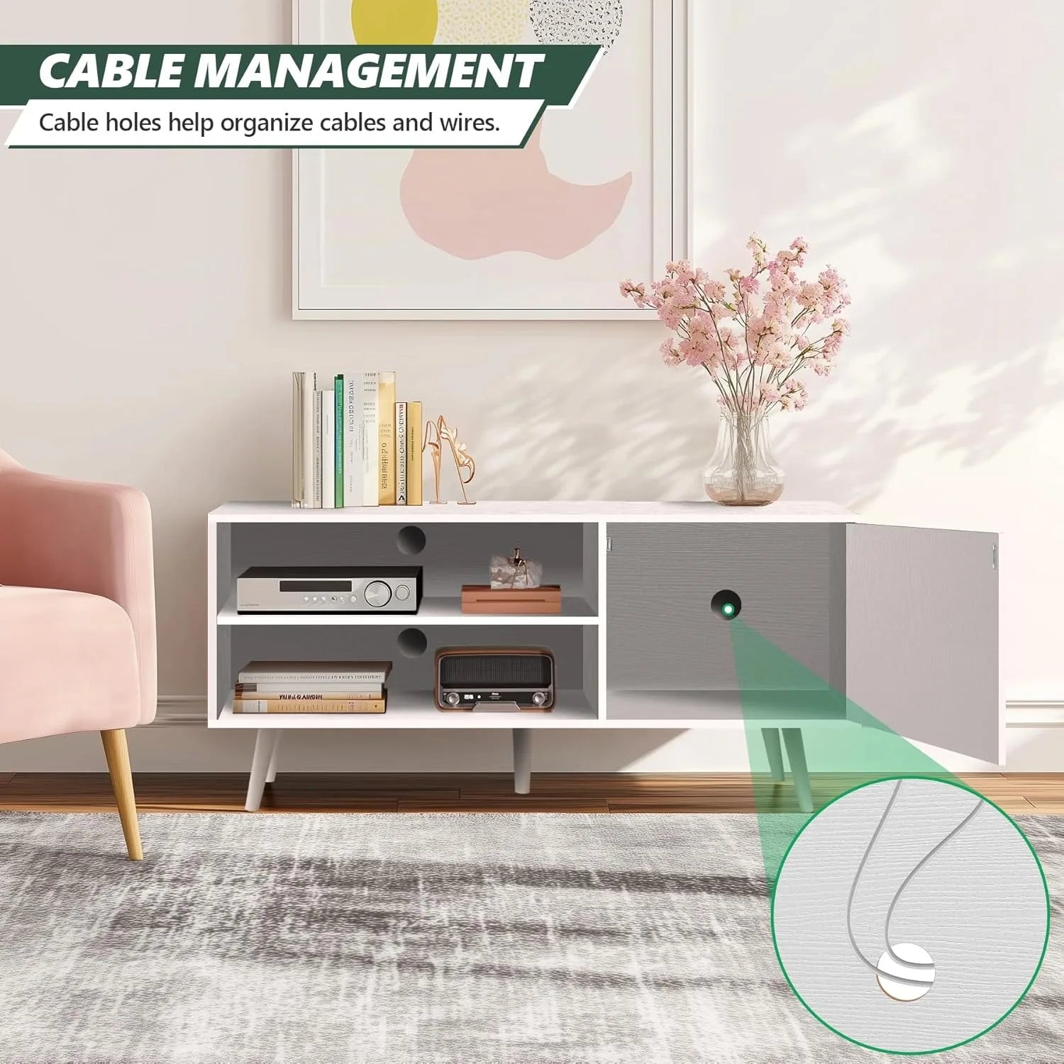 White wood television stand 1 cabinet modern entertainment center with storage for bedroom