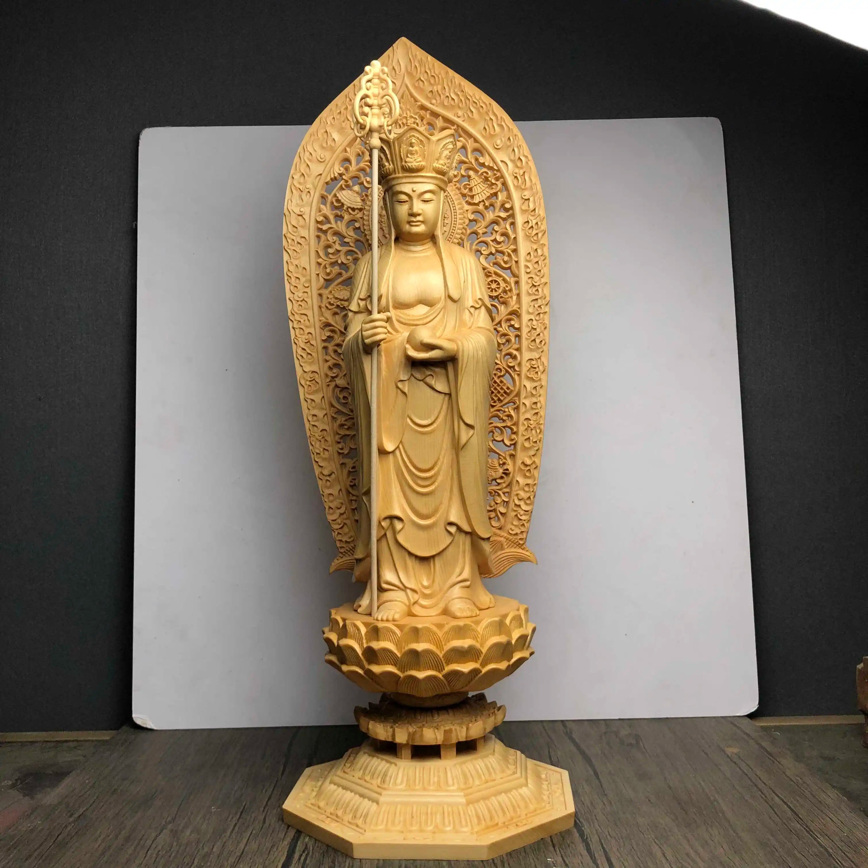Jizo bodhisattva wood carving statue pili crown acala deity feng shui decor collectible buddhist sculpture - 45cm