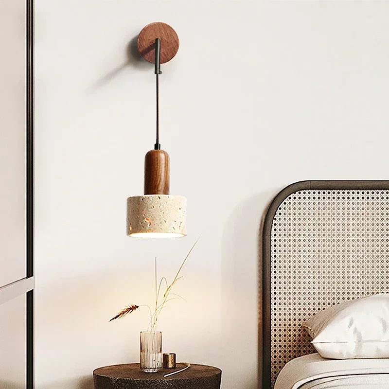 Hot style wabi sabi natural stone home decoration wall lamp retro peach wood color homestay bedroom bedside led sconce