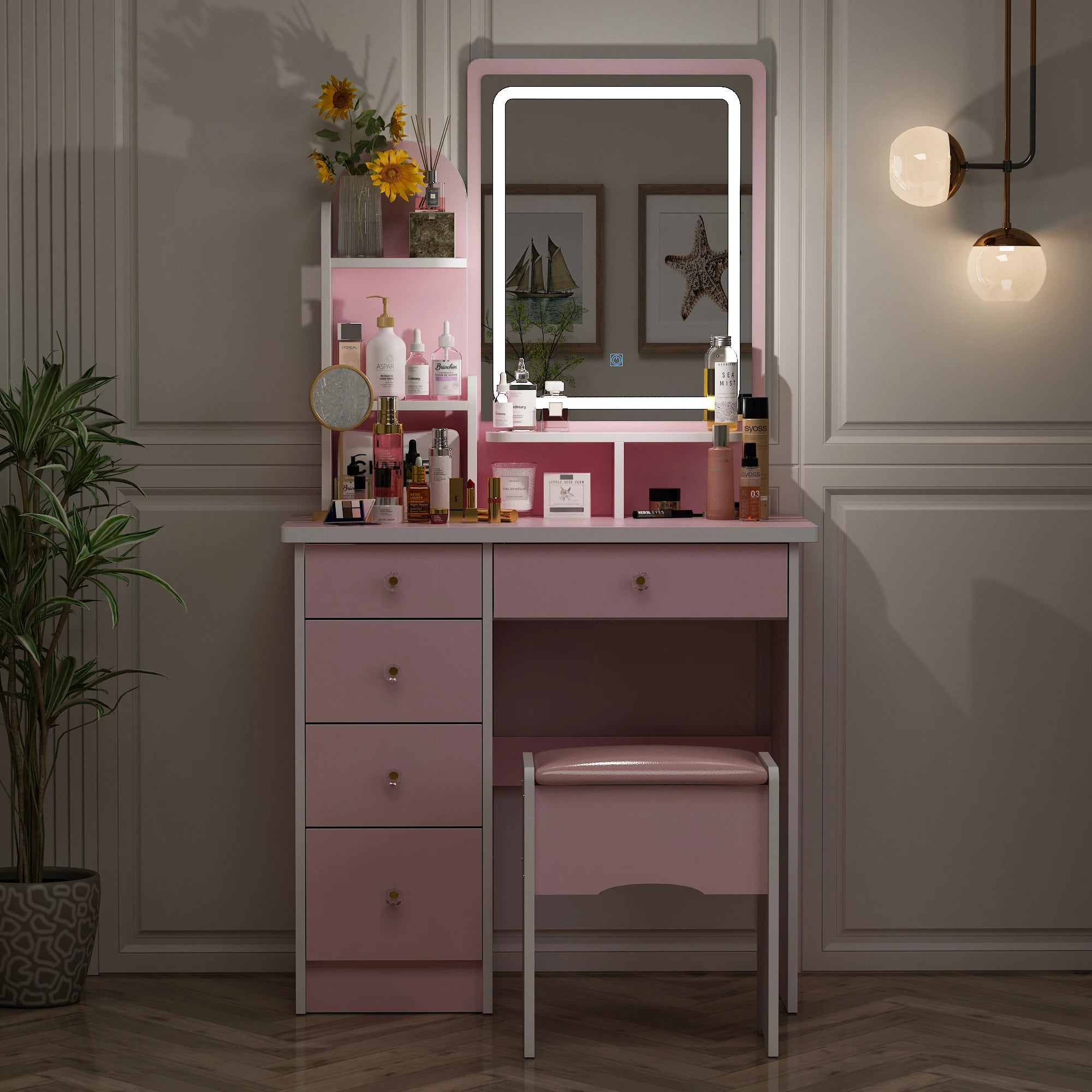 Fufu&gaga makeup vanity desk with lighted mirror set 5 drawers open shelves & cushion stool for bedroom pink - united