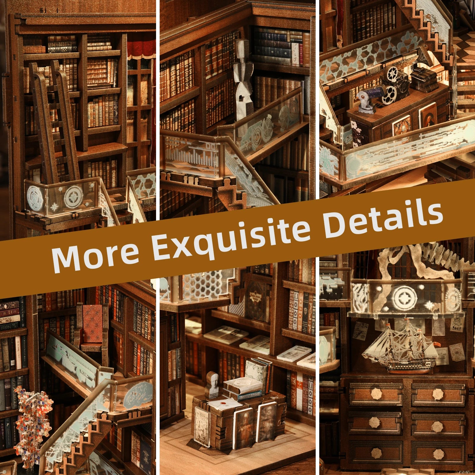 𝗠𝗶𝗻𝗶𝗖𝗶𝘁𝘆 diy book nook kit: 3d wooden puzzle shelf insert with led light - miniature dollhouse bookend decor for adults