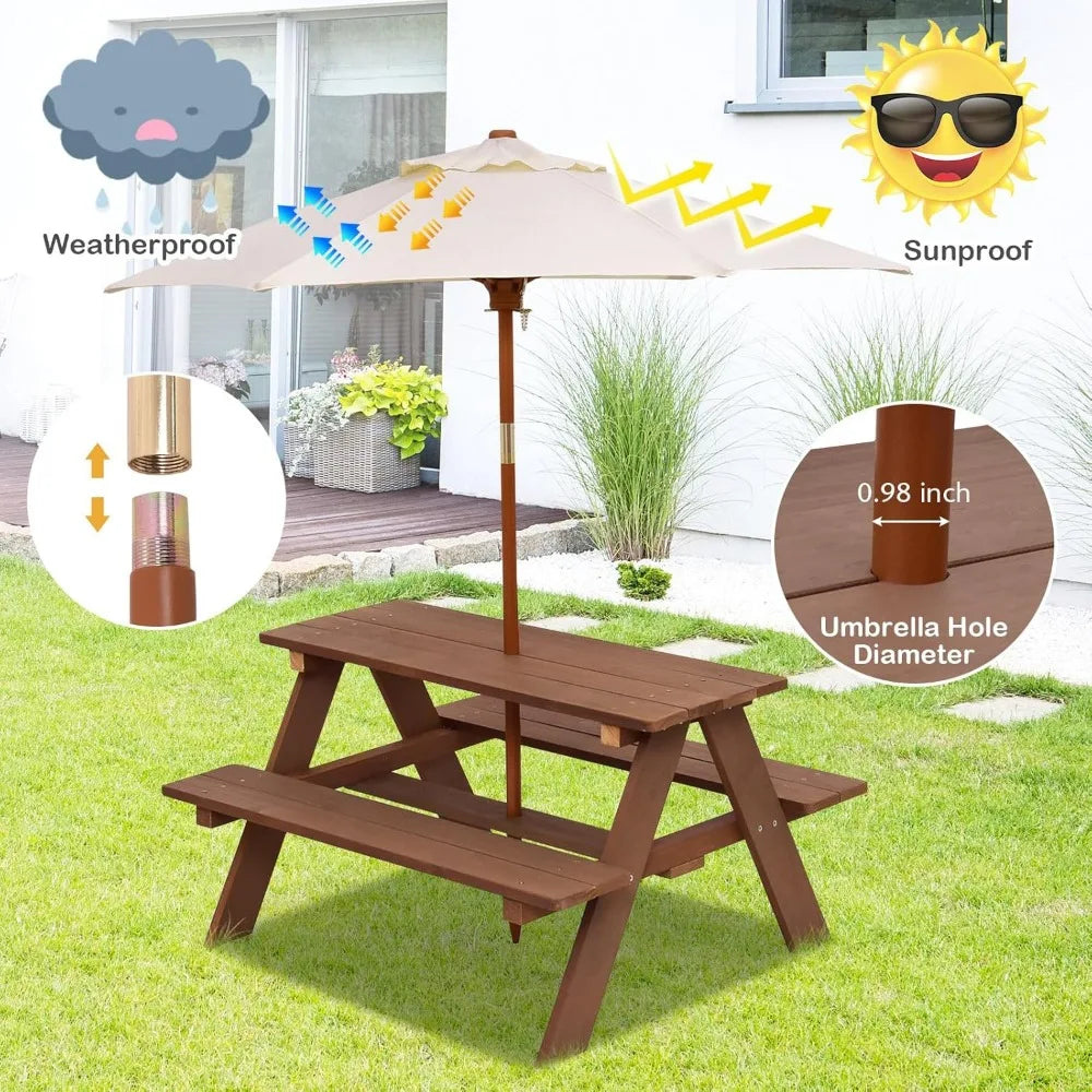 Kids picnic table outdoor wooden bench set w/removable umbrella children backyard furniture for patio garden toddler