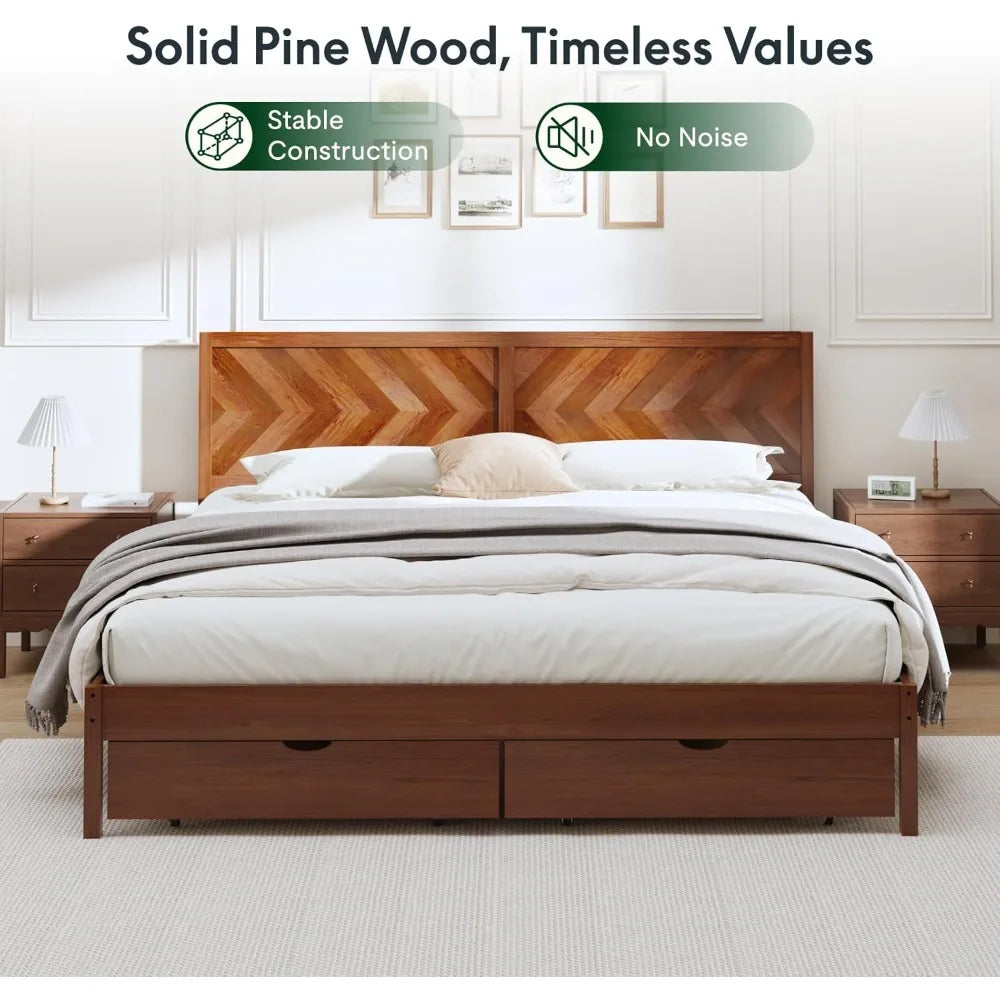 Flexispot solid wood king bed frame elegant herringbone headboard storage drawers 750 lbs capacity mid-century modern