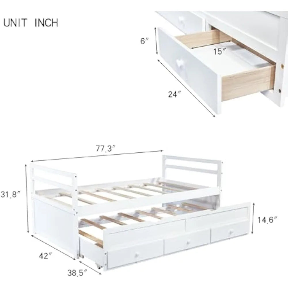 Jyh twin bed with trundle - solid wood daybed frame pull-out & 3 storage drawers headboard and footboard for teens