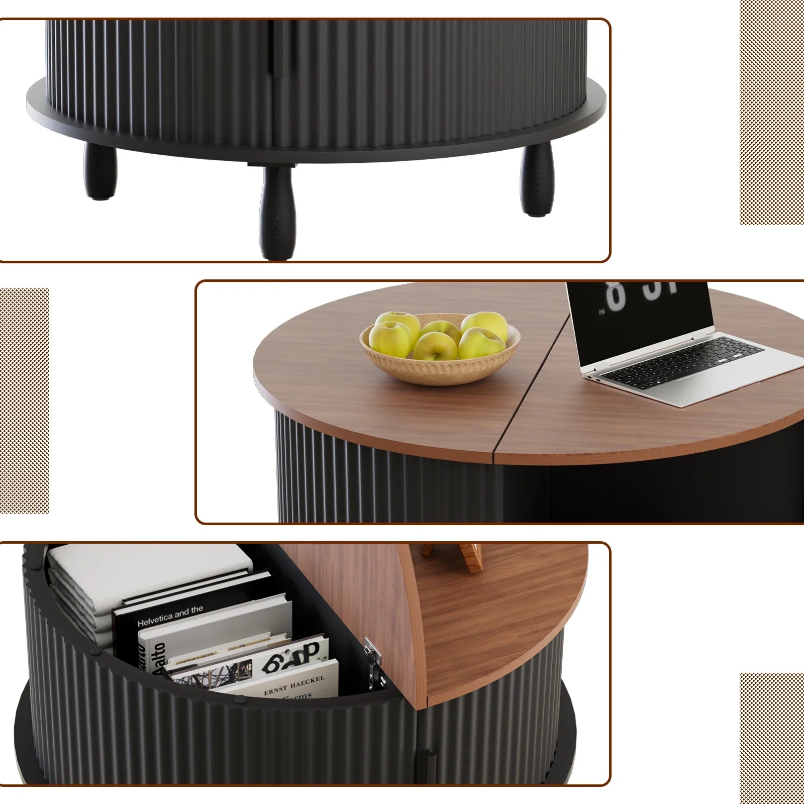 Round wooden coffee table 30.7 inch with storage function suitable for home living room office sliding cabinet door