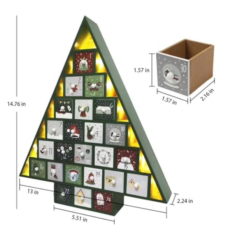 Led 24 day advent calendar decorated with storage drawers green wooden countdown to christmas for holiday home deco