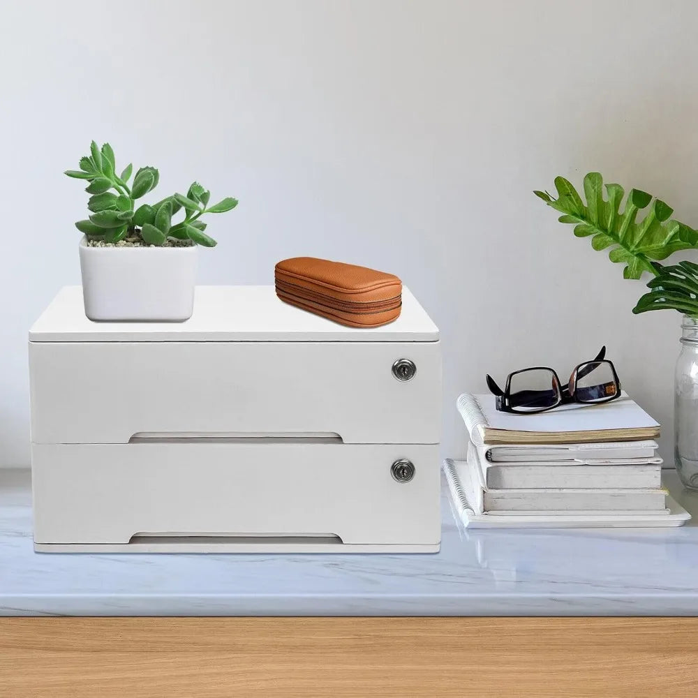 Wooden desk organizer with drawers lockable desktop countertop storage cabinet home file tabletop (2 drawer white)