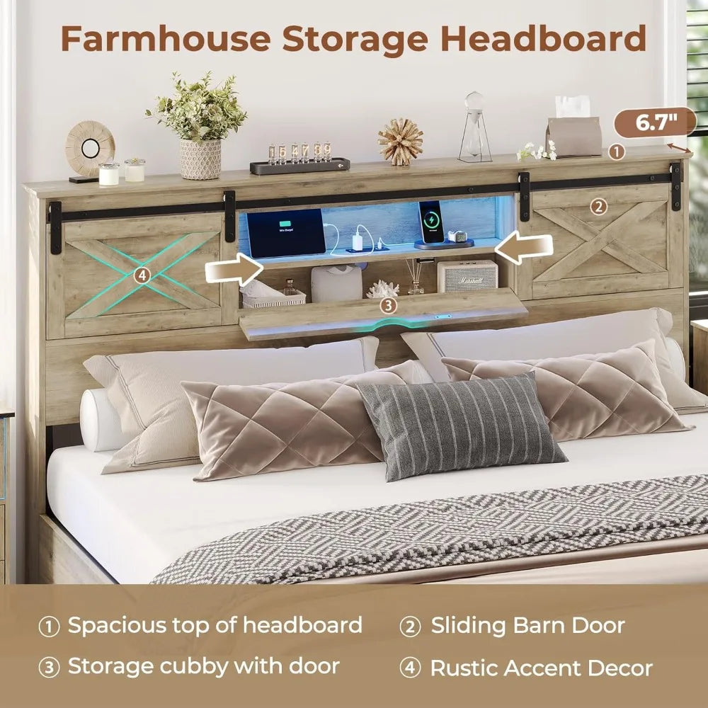 Hasuit farmhouse bed frame california king size with storage bookcase headboard wooden cal led lights charging s