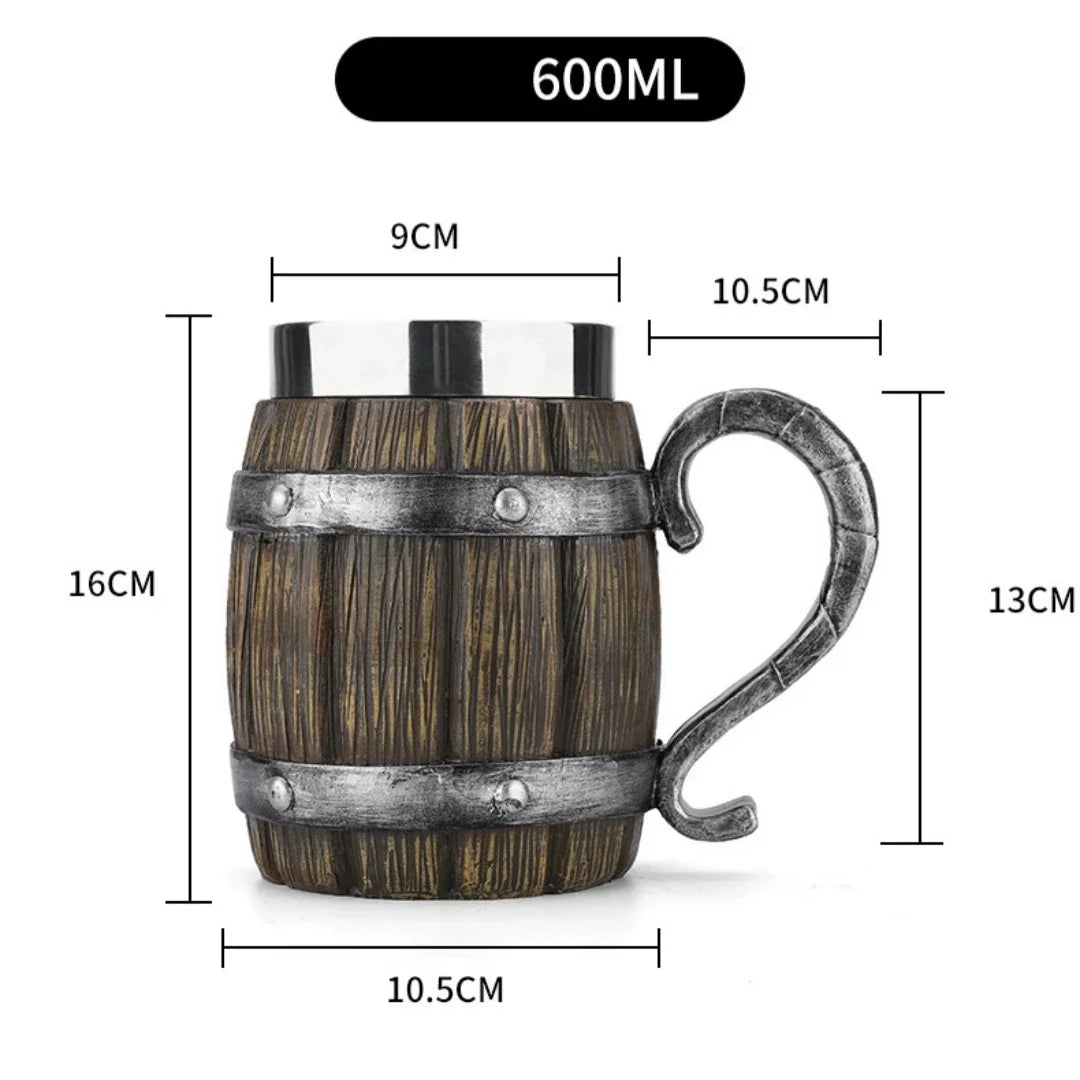 Viking wood style beer mug 3d resin stainless steel coffee cup wine glass metal double wall jug thermal - 122 / 600ml