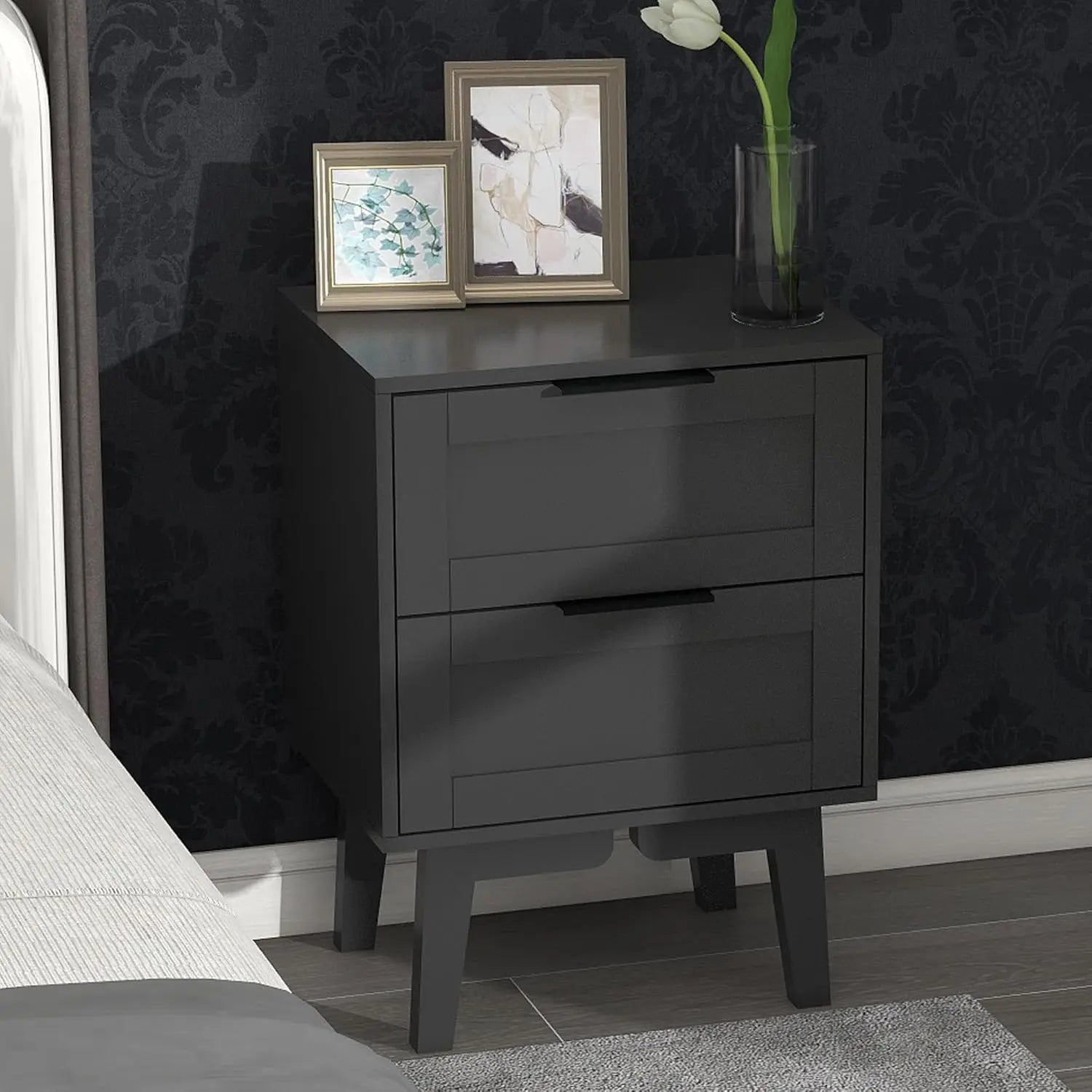 Modern black night stand with drawer mid century wooden nightstand bedside table end storage for bedroom 22 inch bed