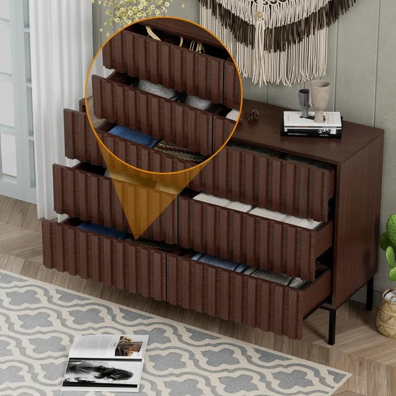 Fluted dresser for bedroom with 6 drawers 47’’ wide large chest of metal stand mid-century wooden tv s - united states