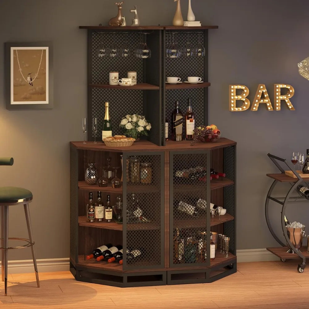 Tall corner bar cabinet large wood and metal liquor with wine rack adjustble shelf storage,