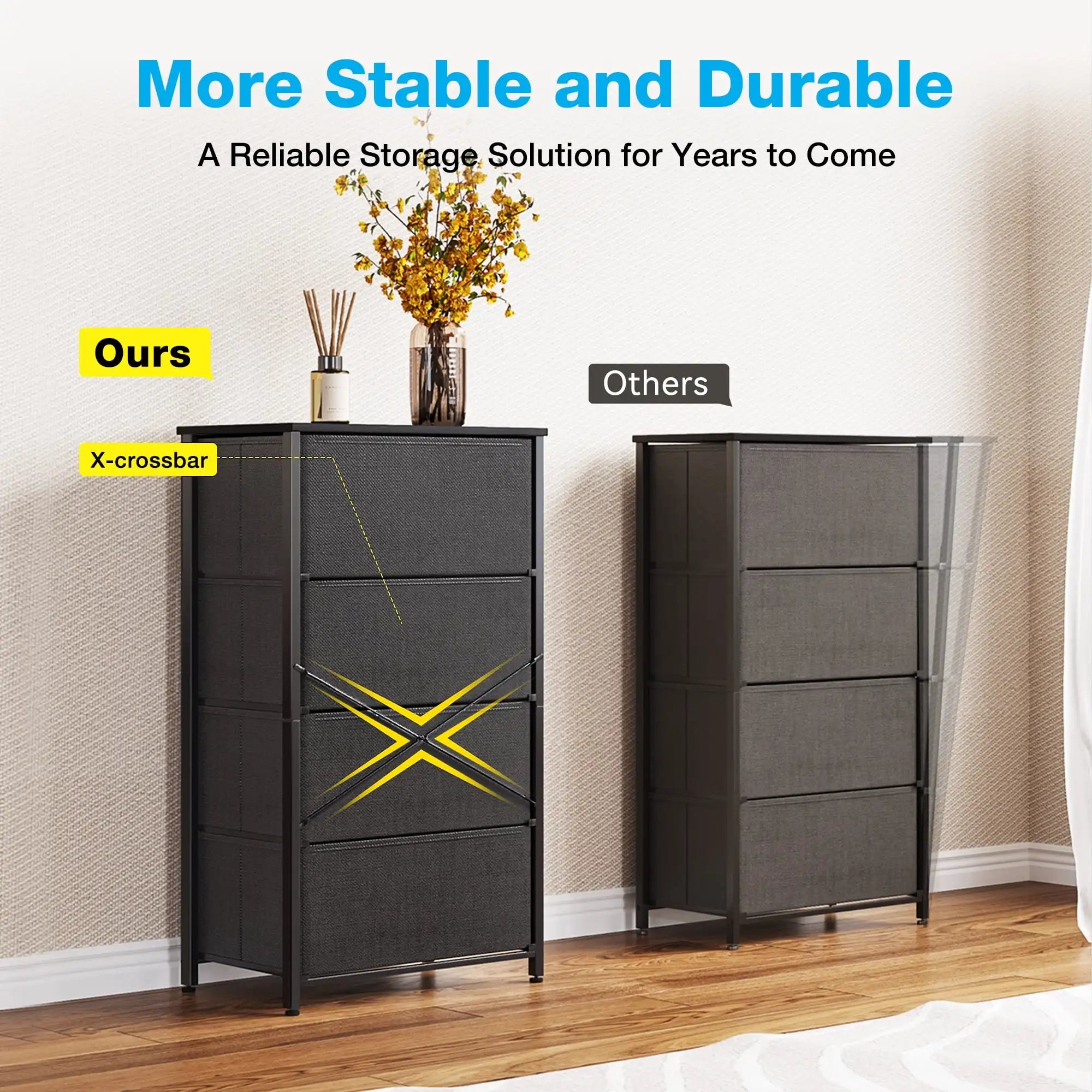 Dresser for bedroom with 4 storage drawers small chest of fabric sturdy steel frame black - united states